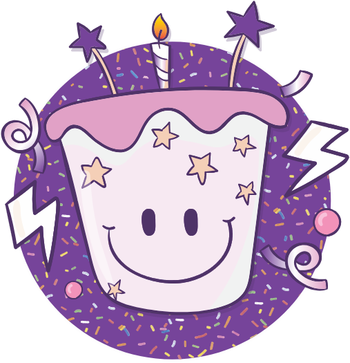 A cartoony cupcake with a smiley face on it with purple in the background