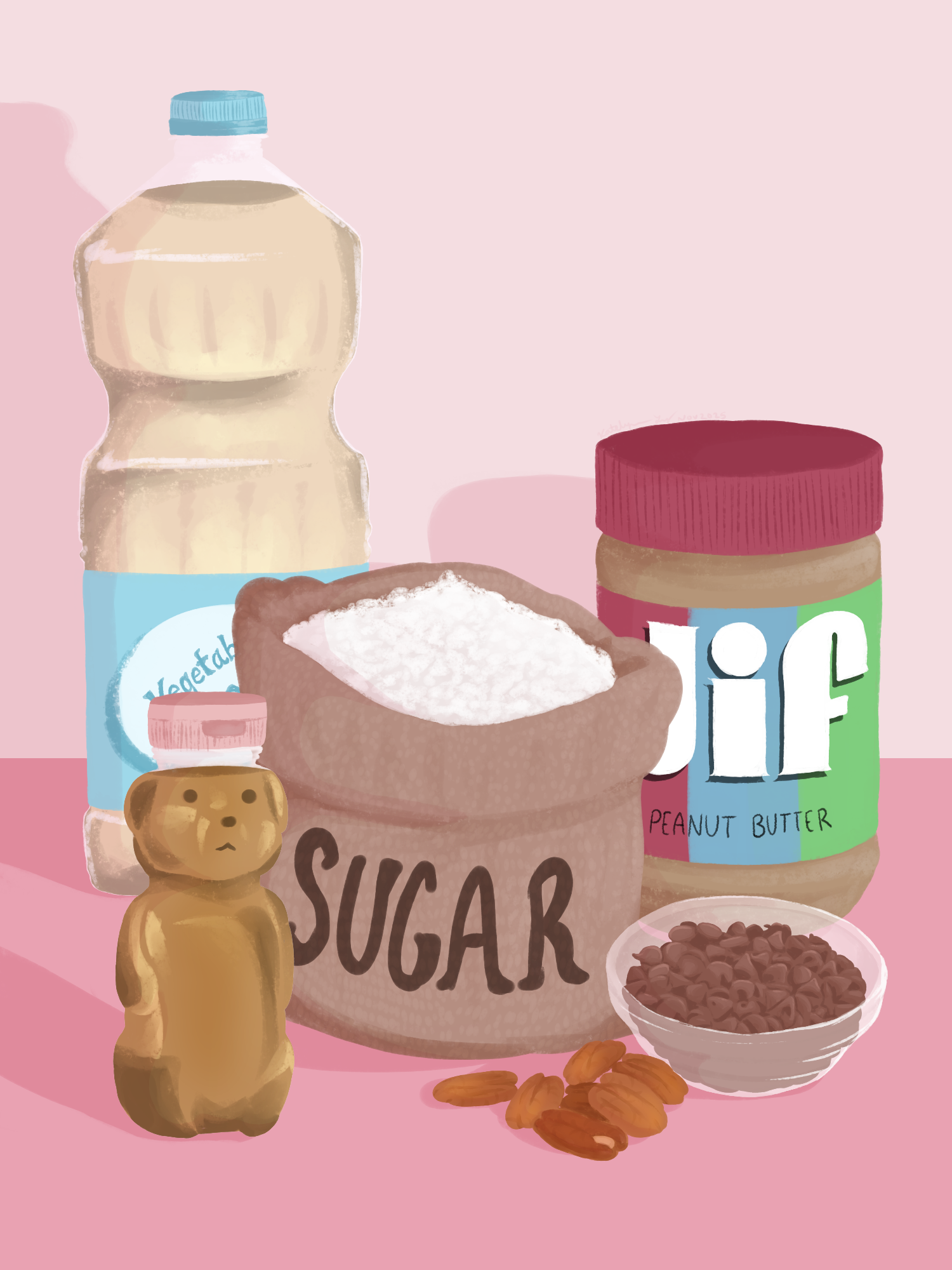 A drawing of ingredients; vegetable oil, Jif peanut butter, a bag of sugar, a bottle of honey, a bowl of chocolate chips, and some loose pecans.