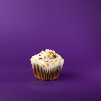 A chocolate cupcake with vanilla buttercream and seasonal sprinkles. Chocolate Vanilla cupcake