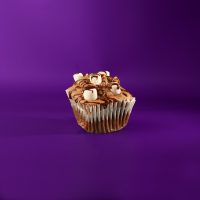 A chocolate cupcake with pecans, filled with marshmallow fluff, topped with chocolate buttercream, and finished with mini marshmallows, chopped pecans and a chocolate ganache drizzle. Mississippi Mud cupcake