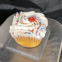 A vanilla cupcake filled with Skittles candy, topped with vanilla buttercream and rainbow nonpareils, and finished with a Skittles candy piece. Skittles cupcake