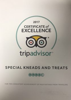 2017 Certificate of Excellence, Tripadvisor. Special Kneads and Treats. For the consistent achievement of high ratings from travelers