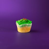 A vanilla cupcake with an orange ganache filling, topped with green colored, orange flavored cream cheese icing, finished with red nonpareils. Holly Jolly cupcake