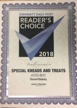 Gwinnett Daily Post Reader's Choice 2018. Proudly presented to Special Kneads and Treats, voted best Dessert/Bakery. Gwinnett Daily Post