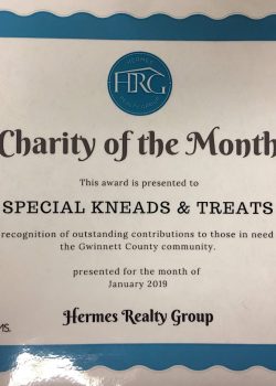 Charity of the Month. This award is presented to Special Kneads & Treats in recognition of outstanding contributions to those in need in the Gwinnett County community. Presented for the month of january 2019. Hermes Realty Group