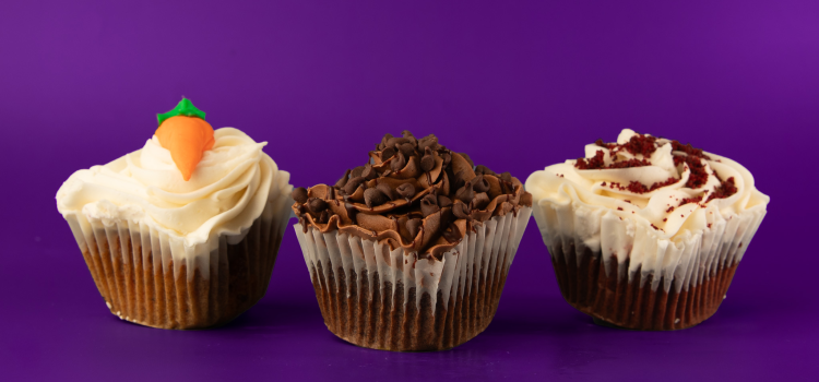 A set of three gluten free cupcakes: carrot, chocolate decadence, and red velvet. 3 Gluten Free cupcakes