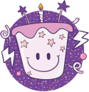 A cartoony cupcake with a smiley face on it with purple in the background
